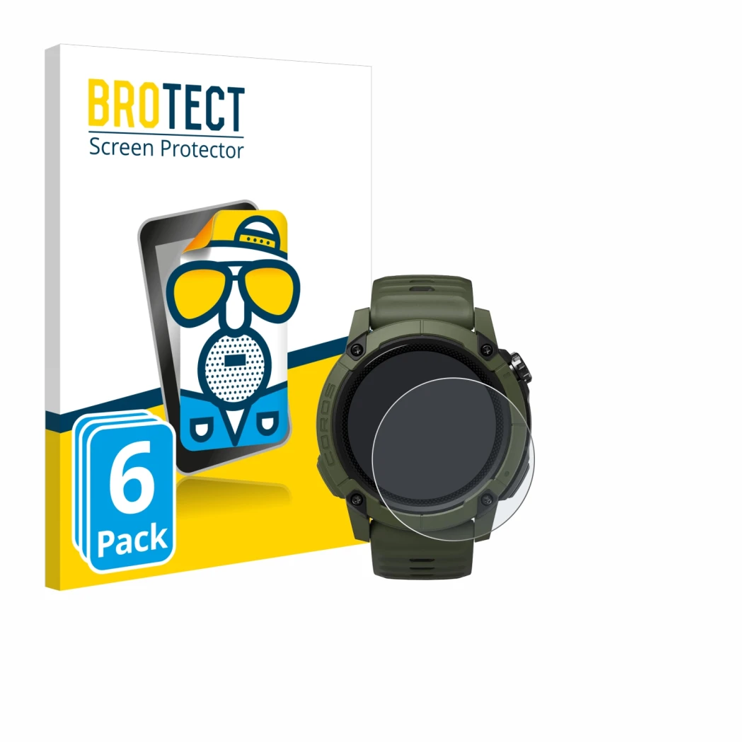 Front side of a product packaging with the brand logo BROTECT. Next to it is the device Coros NOMAD shown with the correspondi