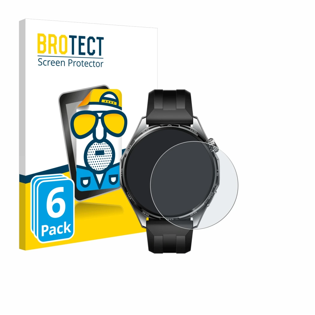 Front side of a product packaging with the brand logo BROTECT. Next to it is the device Huawei Watch GT 6 (46 mm) shown with t