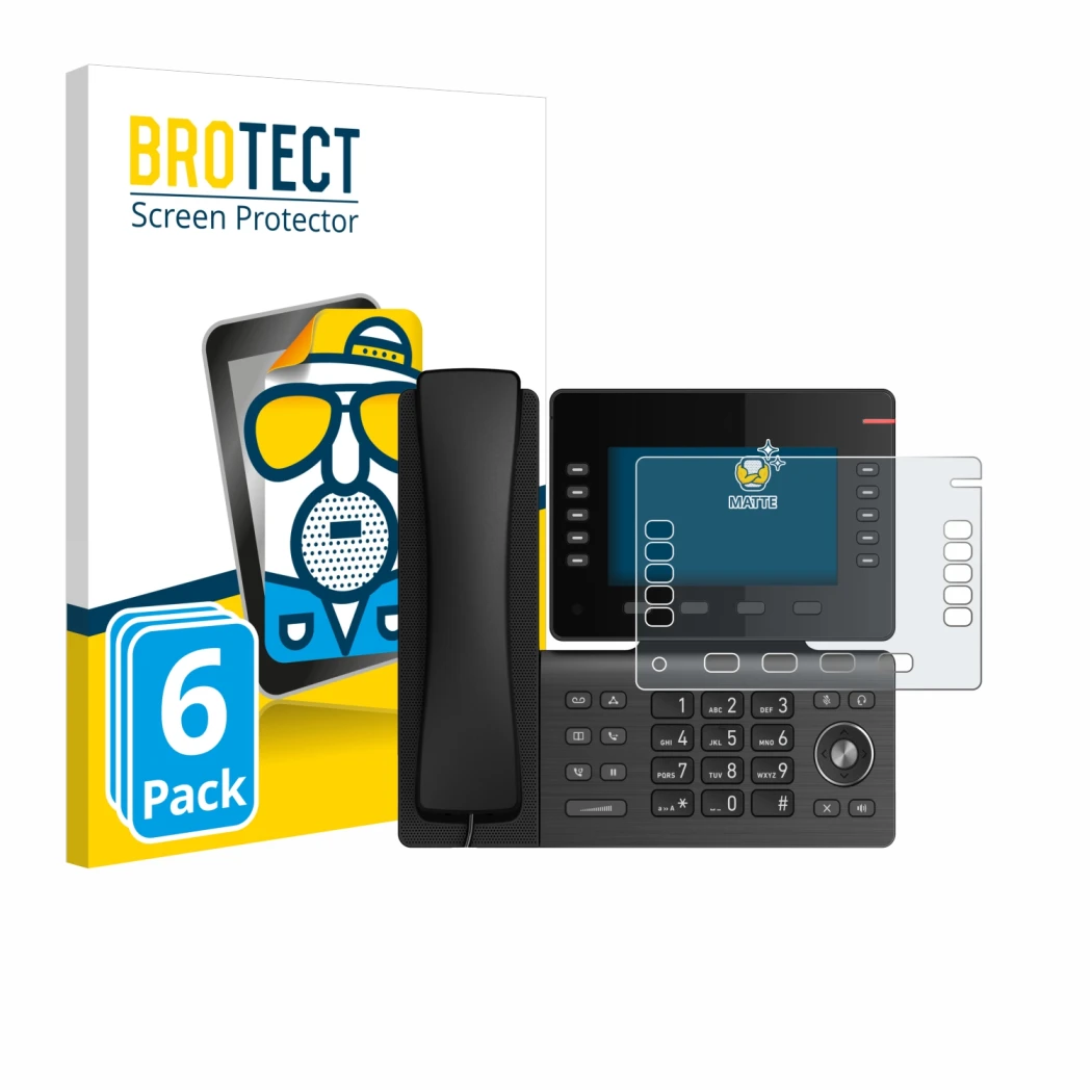 Front side of a product packaging with the brand logo BROTECT. Next to it is the device Snom D865 shown with the corresponding