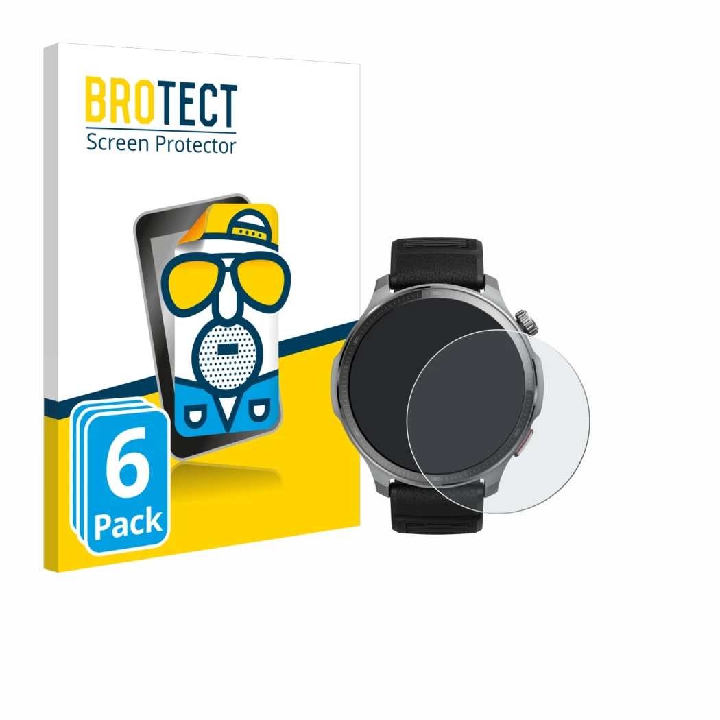 Front side of a product packaging with the brand logo BROTECT. Next to it is the device Huami Amazfit Balance 2 XT shown with 