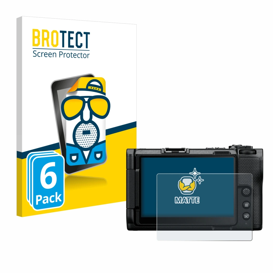Front side of a product packaging with the brand logo BROTECT. Next to it is the device Nikon ZR shown with the corresponding