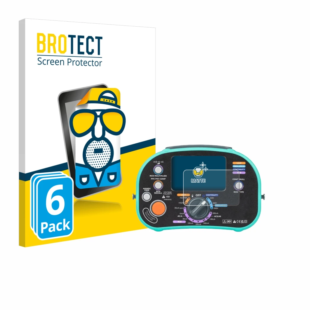 Front side of a product packaging with the brand logo BROTECT. Next to it is the device Kewtech KT63DL shown with the correspo