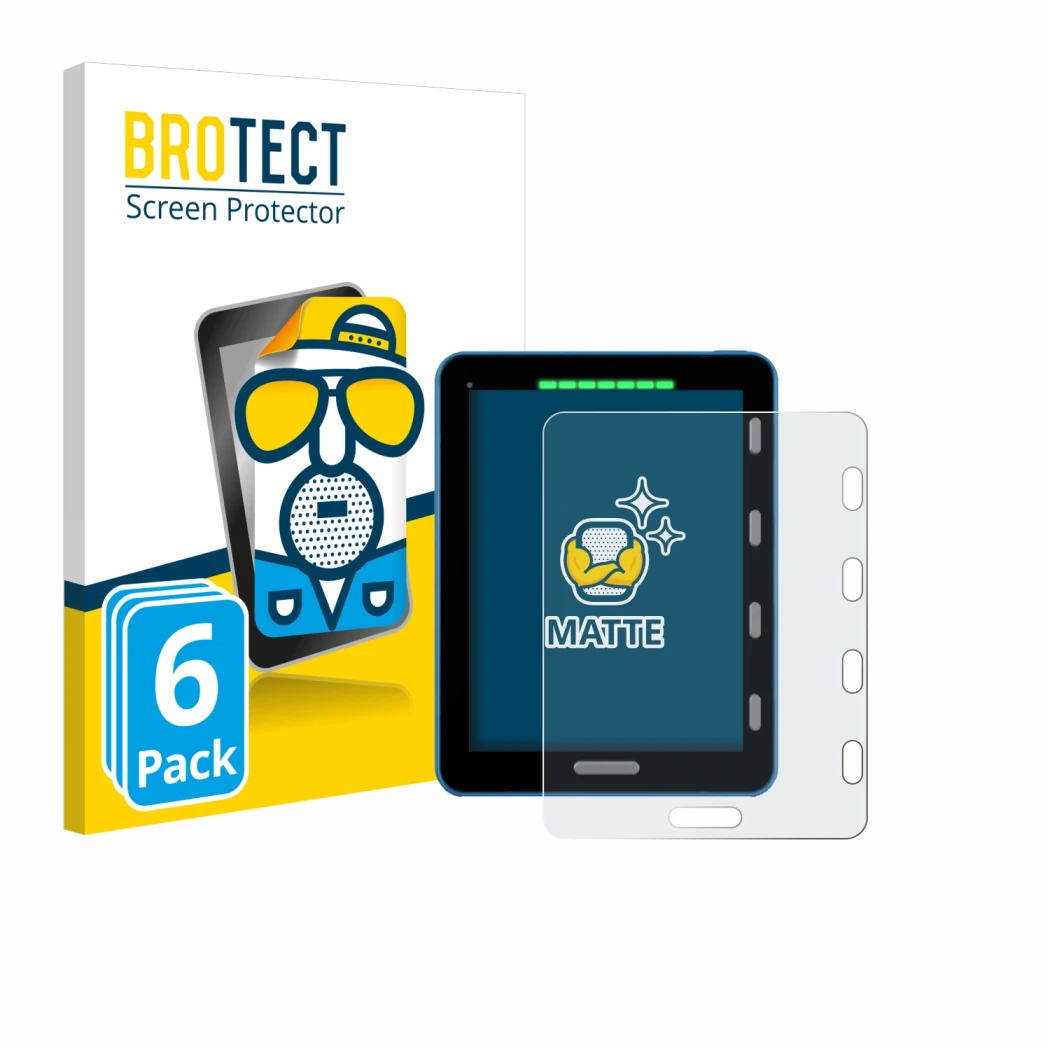 Front side of a product packaging with the brand logo BROTECT. Next to it is the device Vakaros Atlas 2 / Edge shown with the