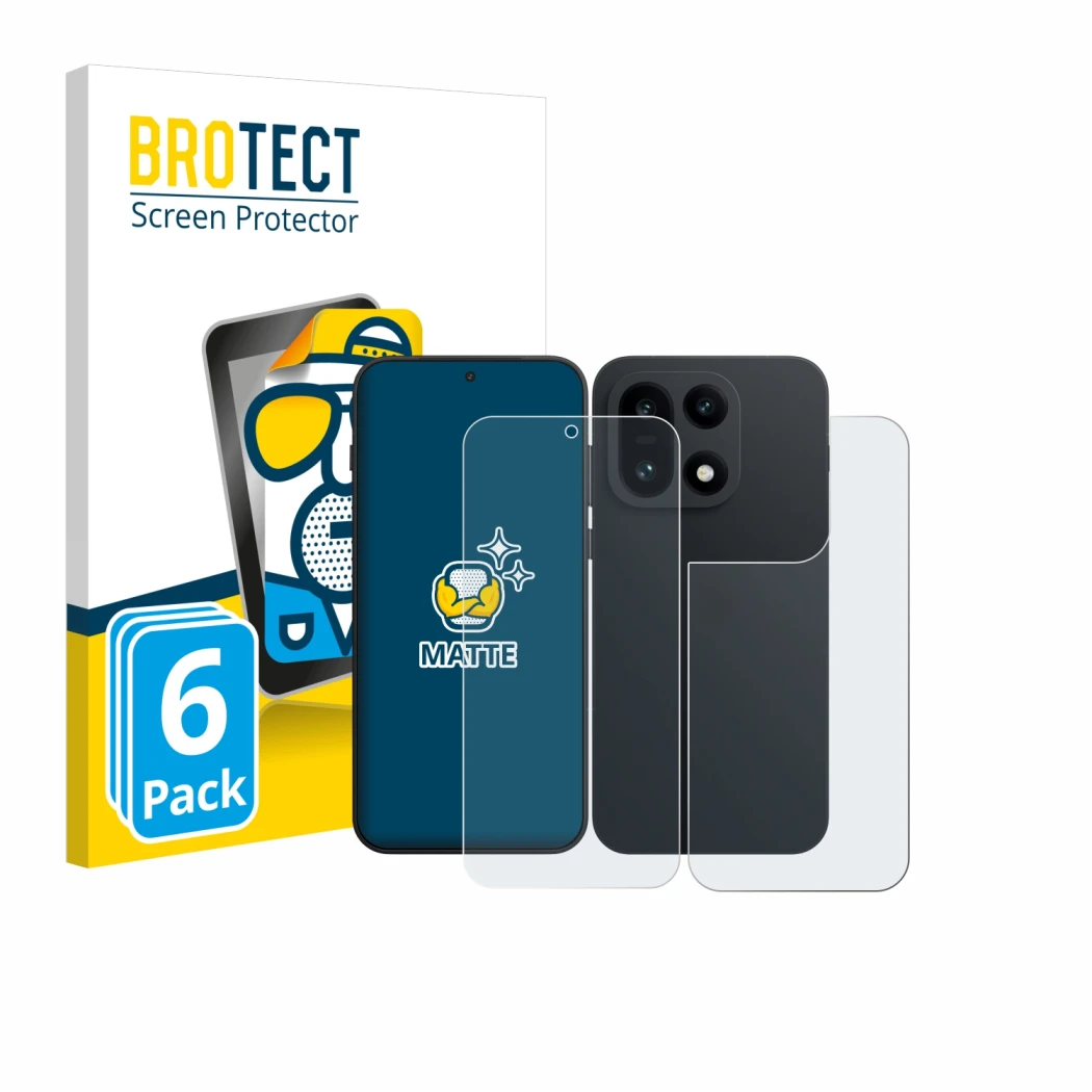 Front side of a product packaging with the brand logo BROTECT. Next to it is the device OnePlus 15 (Front+Back) shown with the