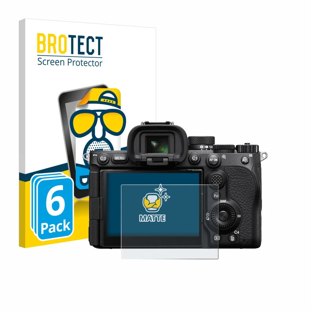 Front side of a product packaging with the brand logo BROTECT. Next to it is the device Sony Alpha 7 V (ILCE-7M5) shown with t