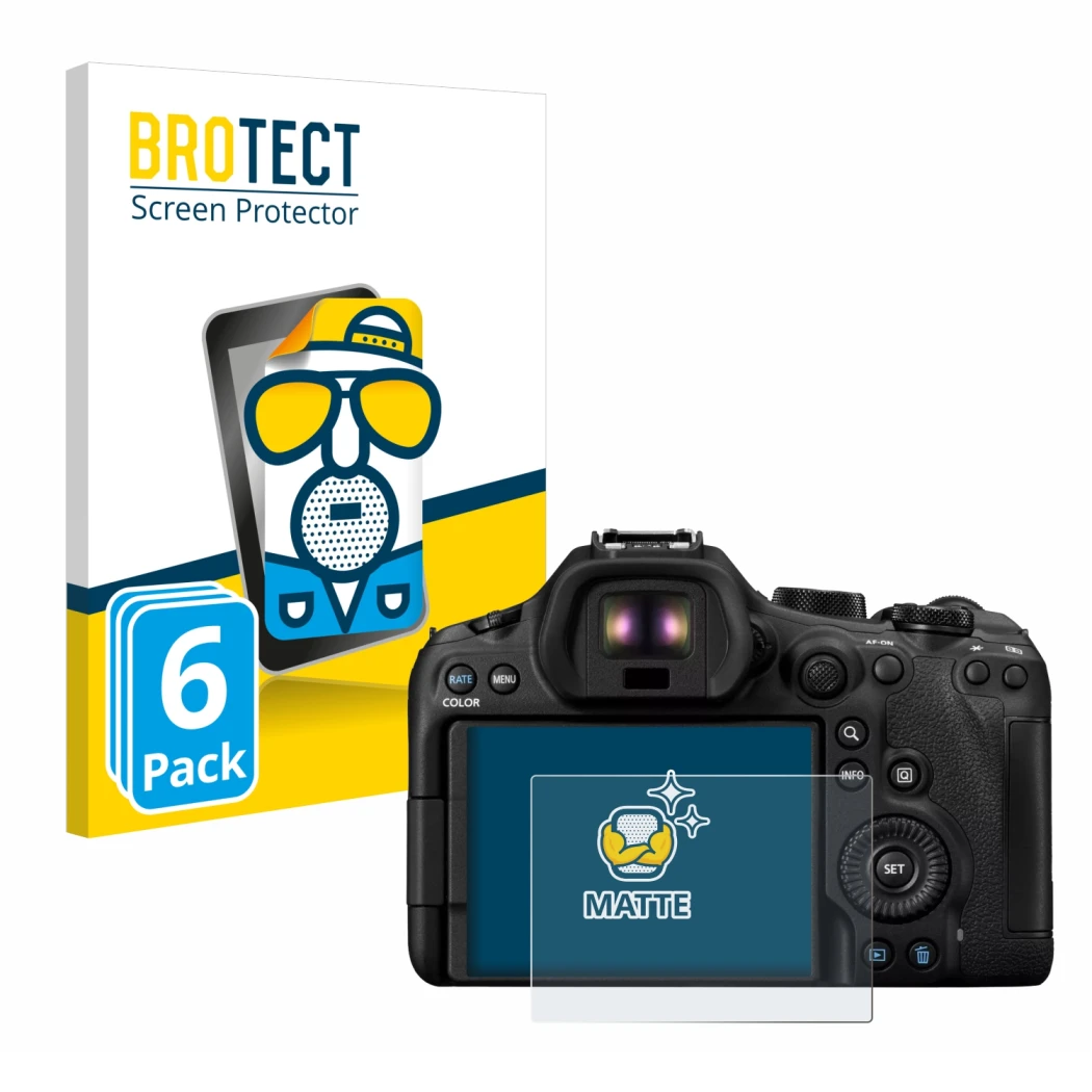 Front side of a product packaging with the brand logo BROTECT. Next to it is the device Canon EOS R6 Mark III shown with the c