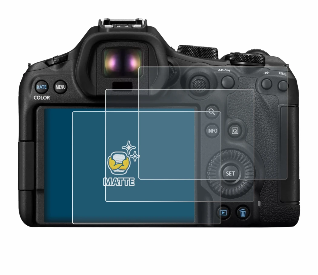 Image of the device Canon EOS R6 Mark III with a wide variety of screen protectors.