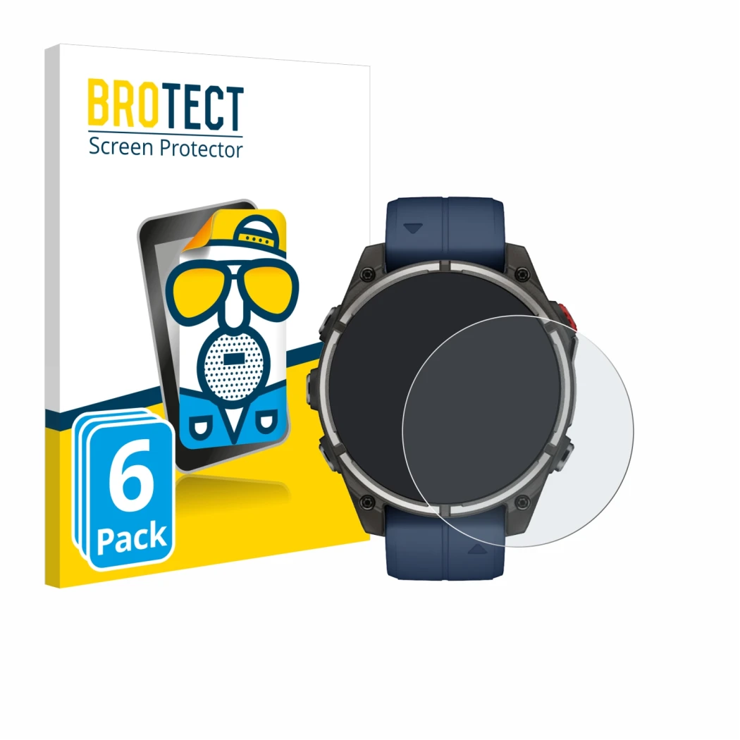 Front side of a product packaging with the brand logo BROTECT. Next to it is the device Garmin quatix 8 Pro (47 mm) shown with
