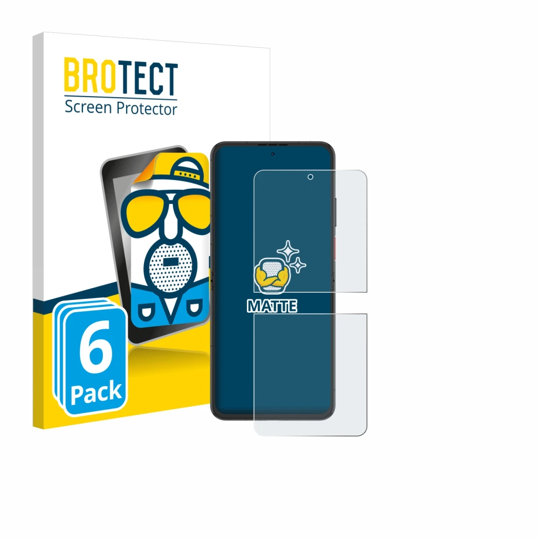 Front side of a product packaging with the brand logo BROTECT. Next to it is the device Nubia Flip 2 shown with the correspond