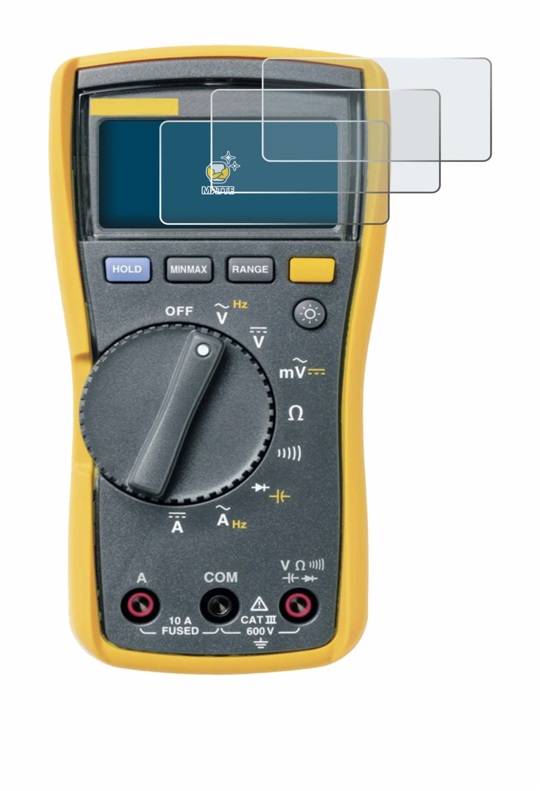 Image of the device Fluke 115 with a wide variety of screen protectors.