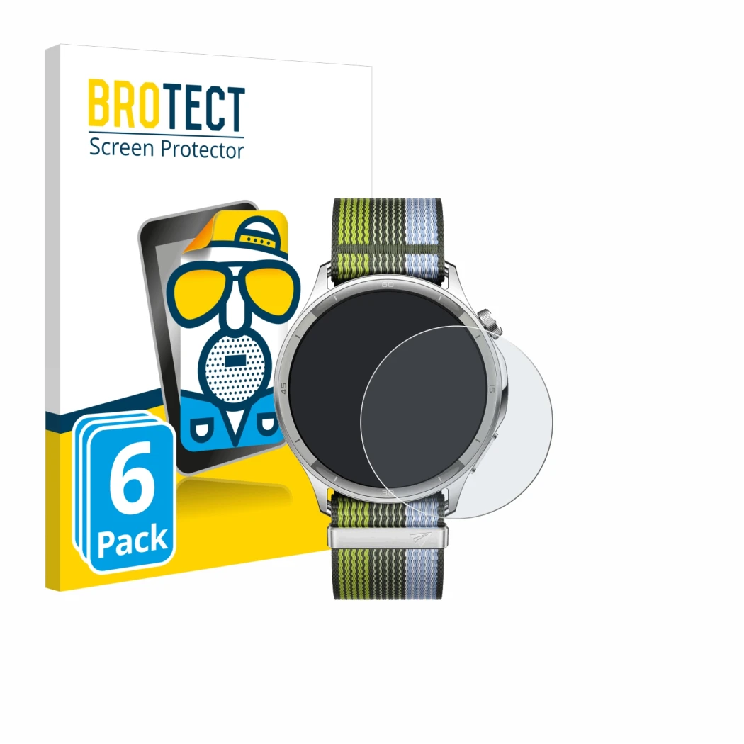 Front side of a product packaging with the brand logo BROTECT. Next to it is the device Oppo Watch S shown with the correspond