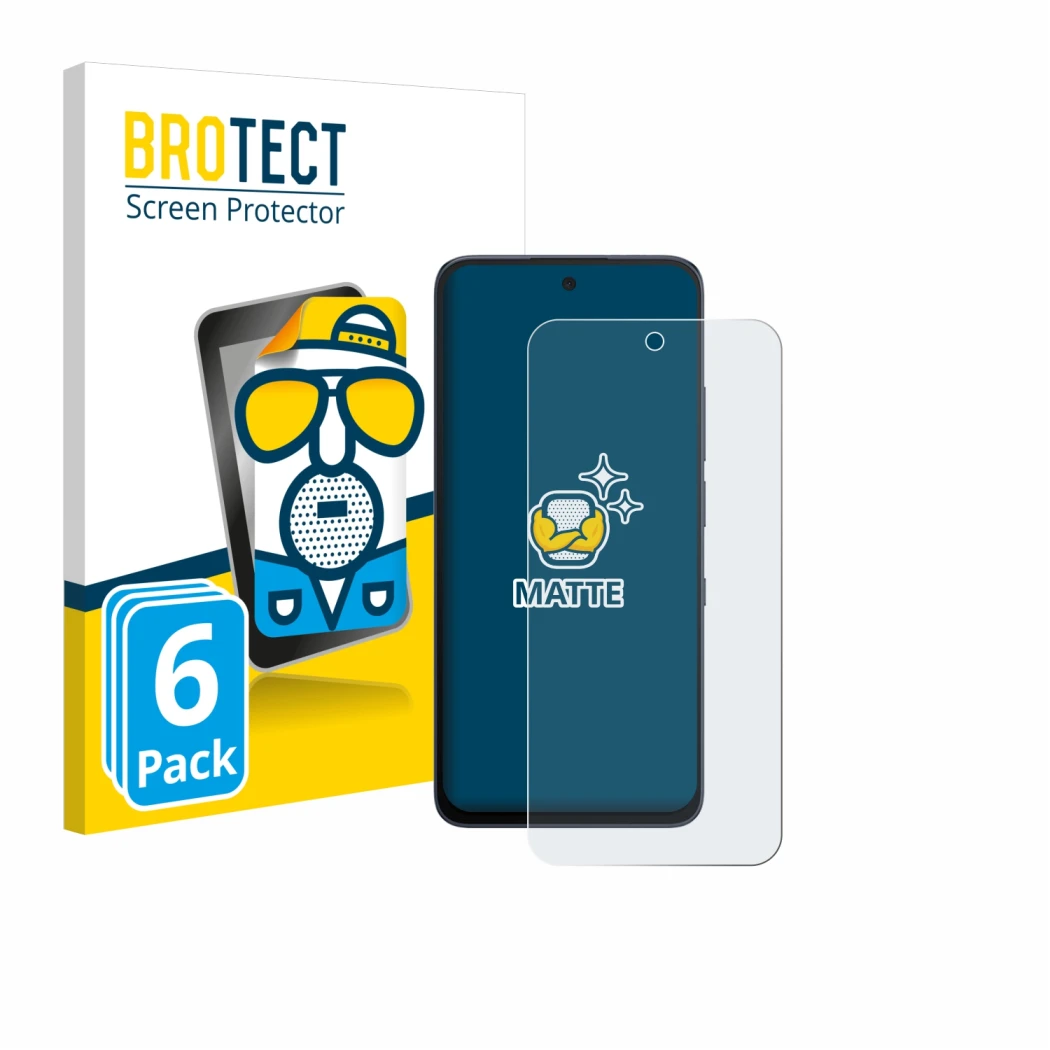 Front side of a product packaging with the brand logo BROTECT. Next to it is the device TCL NxtPaper 70 Pro shown with the cor