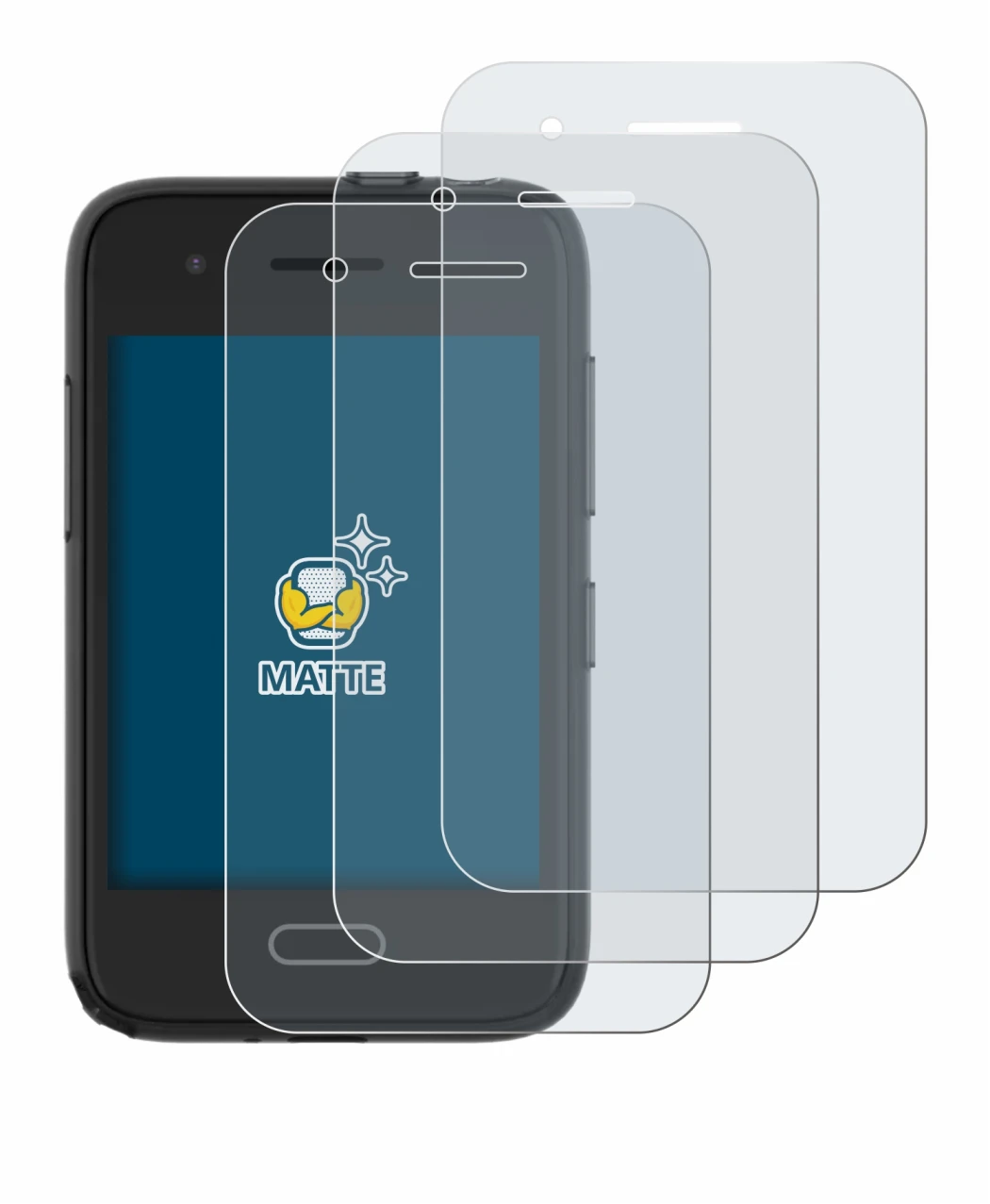 Image of the device Xplora One with a wide variety of screen protectors.