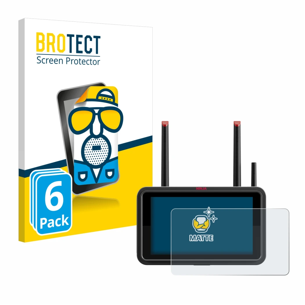 Front side of a product packaging with the brand logo BROTECT. Next to it is the device Atomos Ninja TX shown with the corresp