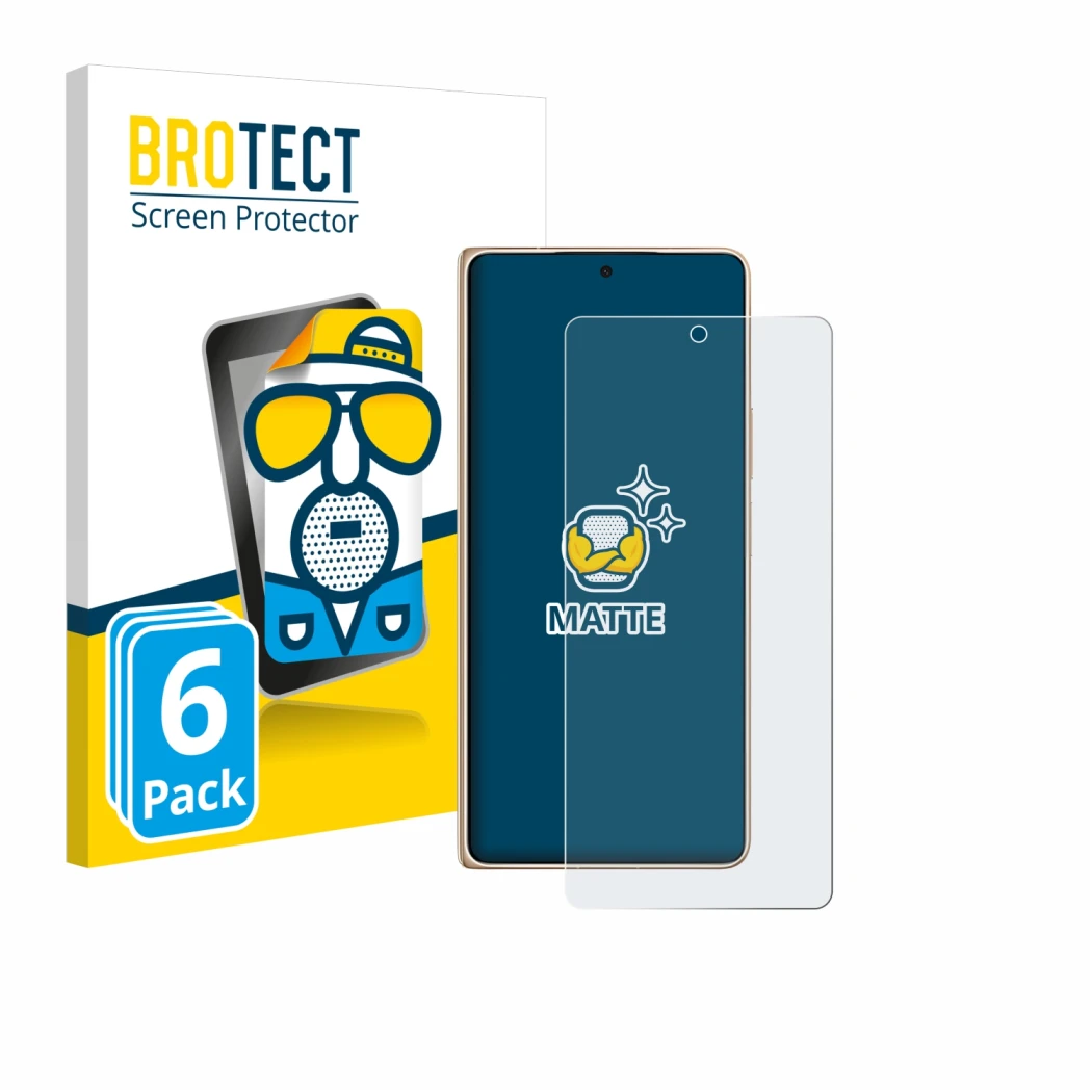 Front side of a product packaging with the brand logo BROTECT. Next to it is the device Honor Magic V6 shown with the correspo