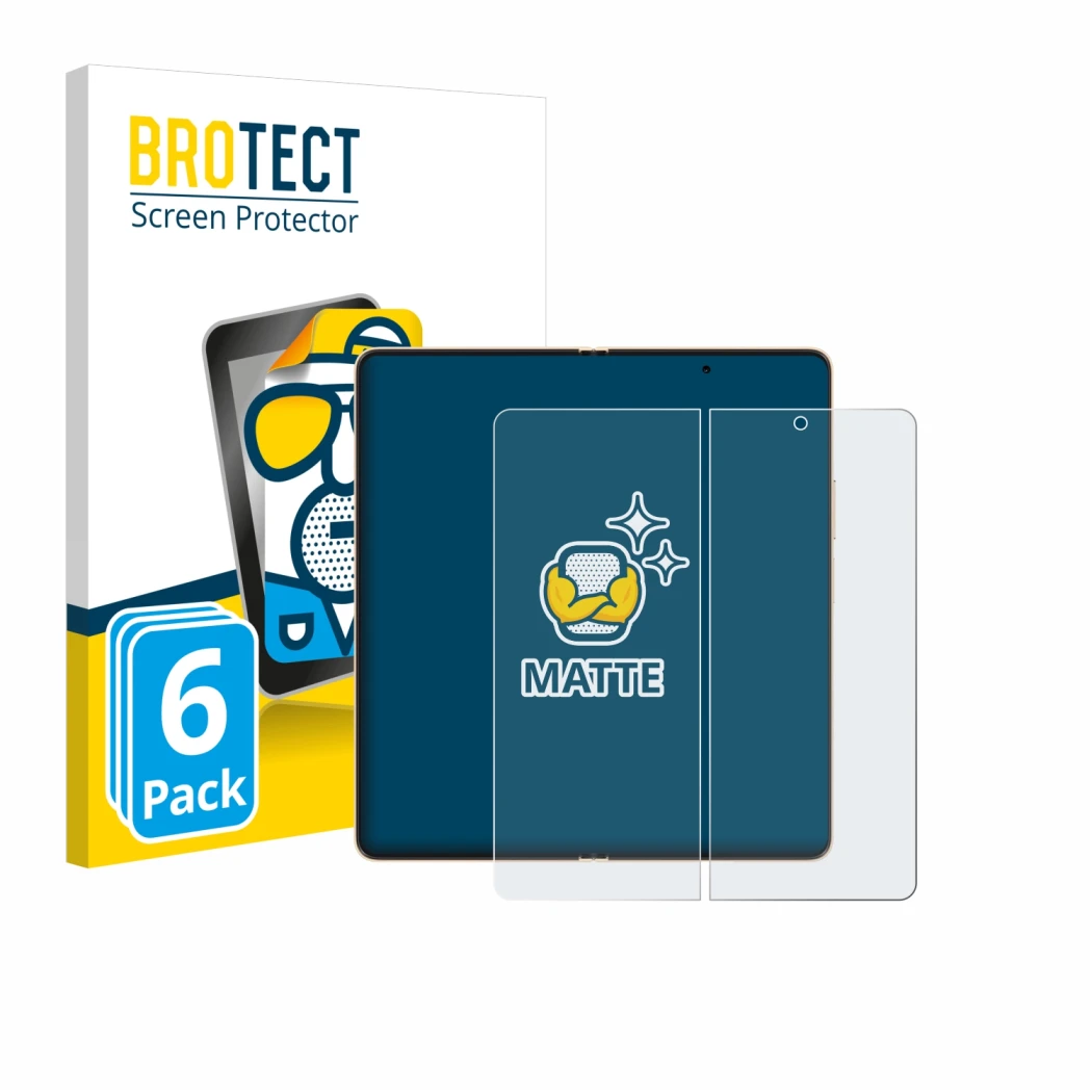Front side of a product packaging with the brand logo BROTECT. Next to it is the device Honor Magic V6 (Inner display) shown w
