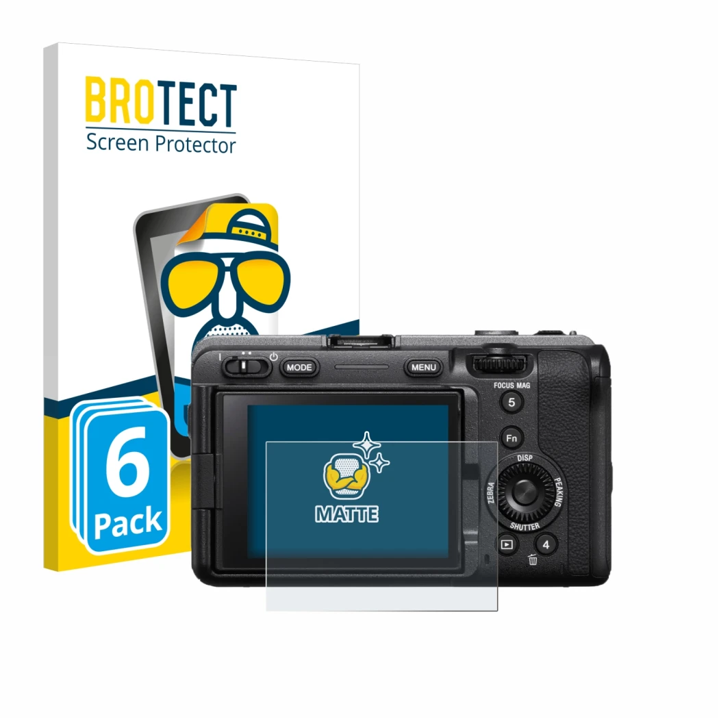 Front side of a product packaging with the brand logo BROTECT. Next to it is the device Sony FX3A (ILME‑FX3A) shown with the c