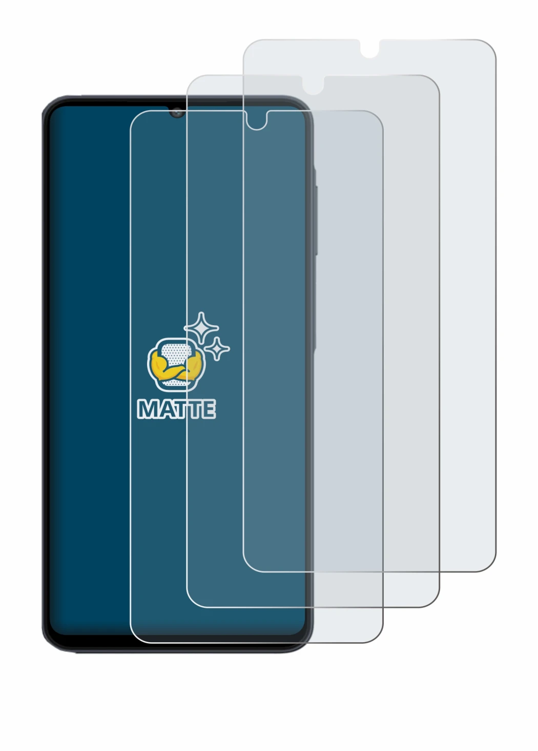 Image of the device Samsung Galaxy M07 with a wide variety of screen protectors.