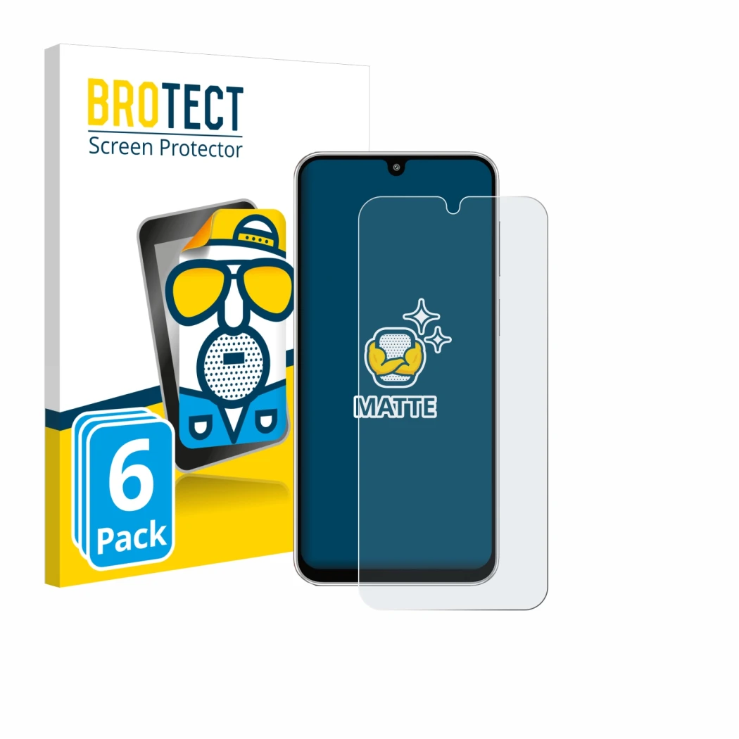 Front side of a product packaging with the brand logo BROTECT. Next to it is the device Samsung Galaxy M36 shown with the corr