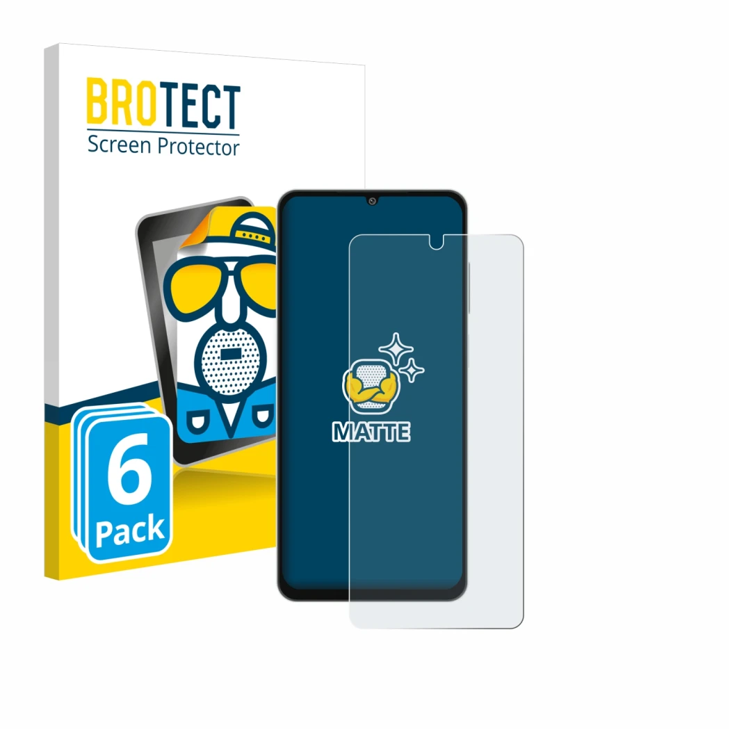 Front side of a product packaging with the brand logo BROTECT. Next to it is the device Samsung Galaxy M06 shown with the corr