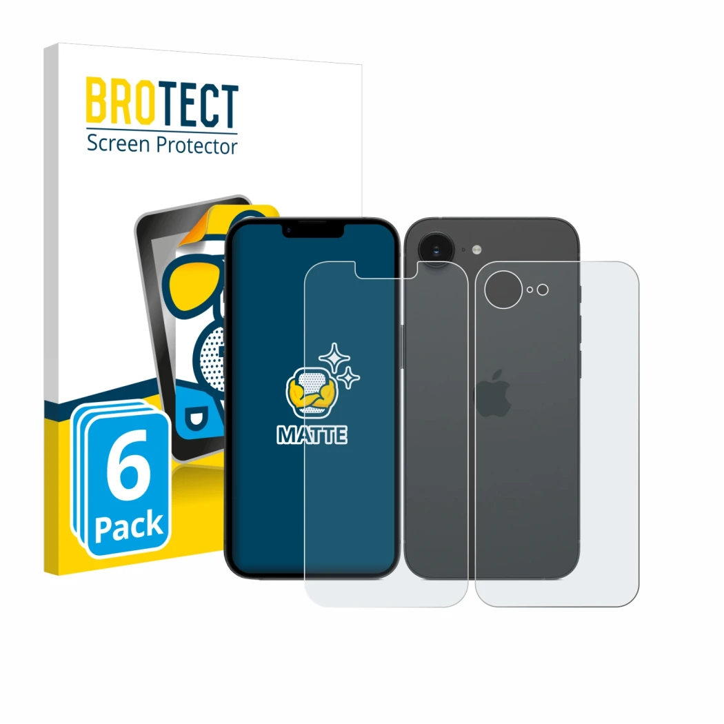 Front side of a product packaging with the brand logo BROTECT. Next to it is the device Apple iPhone 17e (Front+Back) shown wi