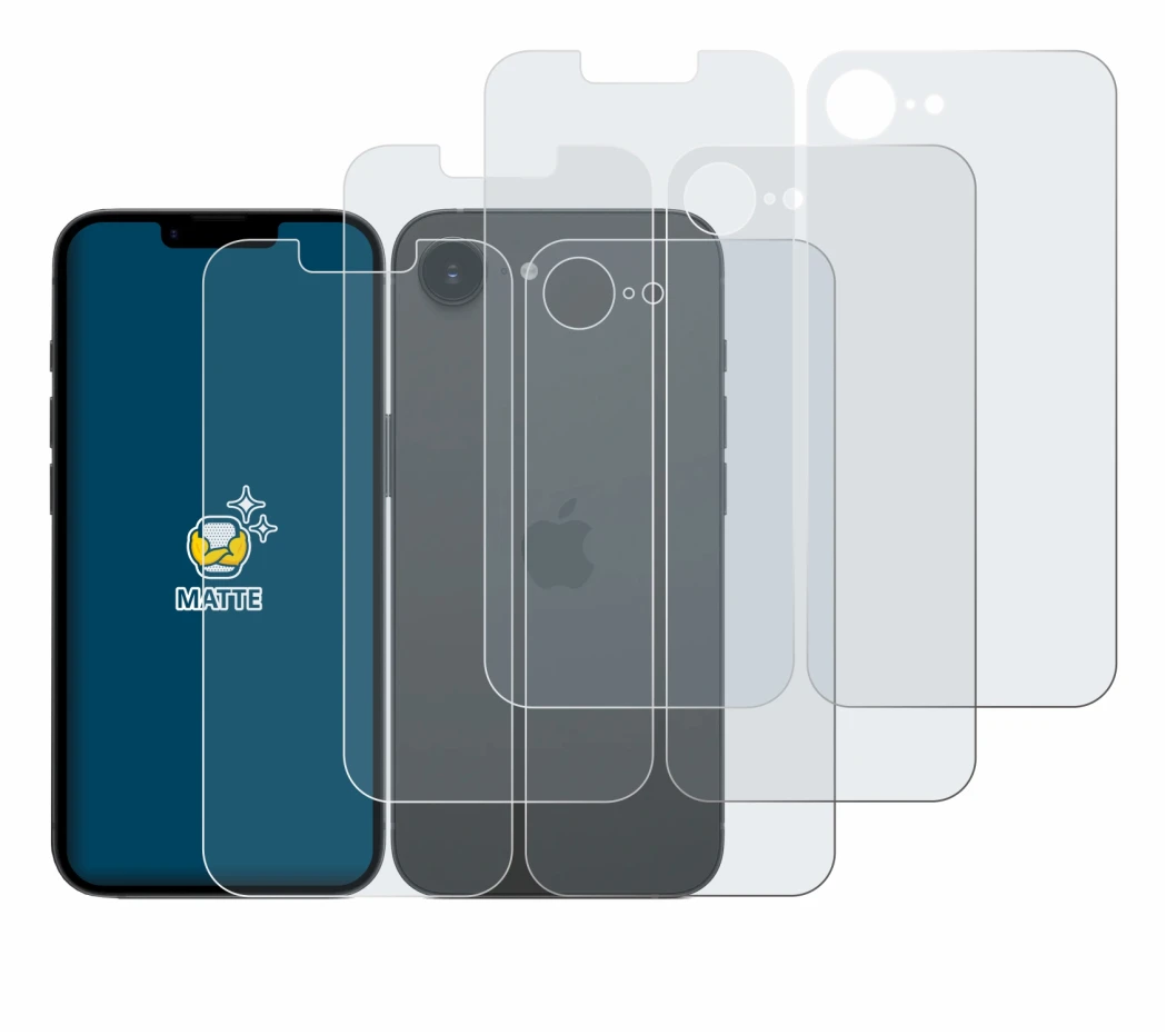 Image of the device Apple iPhone 17e (Front+Back) with a wide variety of screen protectors.