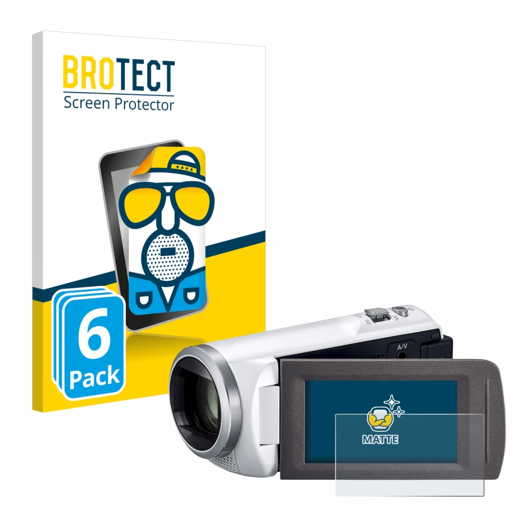 Front side of a product packaging with the brand logo BROTECT. Next to it is the device Panasonic HC-V480MS shown with the cor