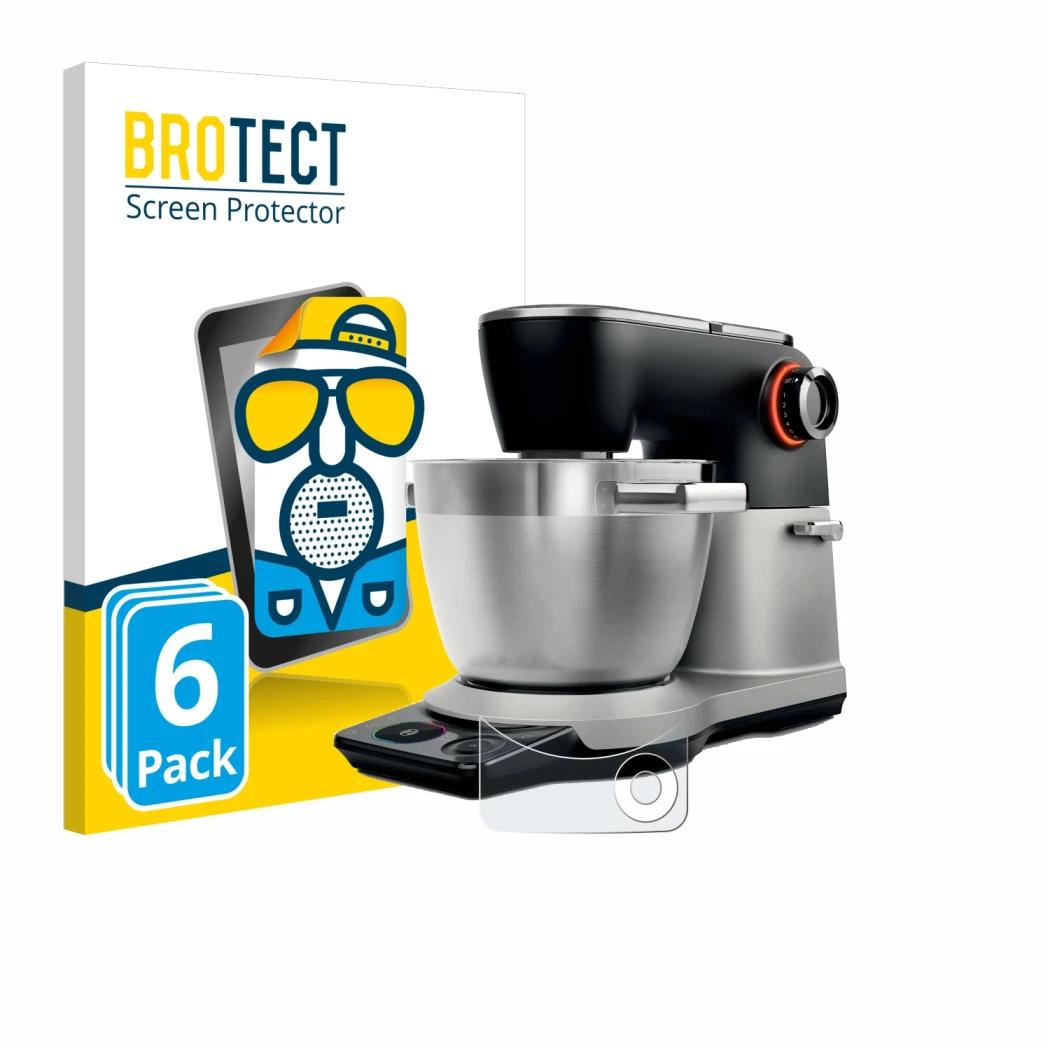 Front side of a product packaging with the brand logo BROTECT. Next to it is the device Bosch MUMS8Z shown with the correspond