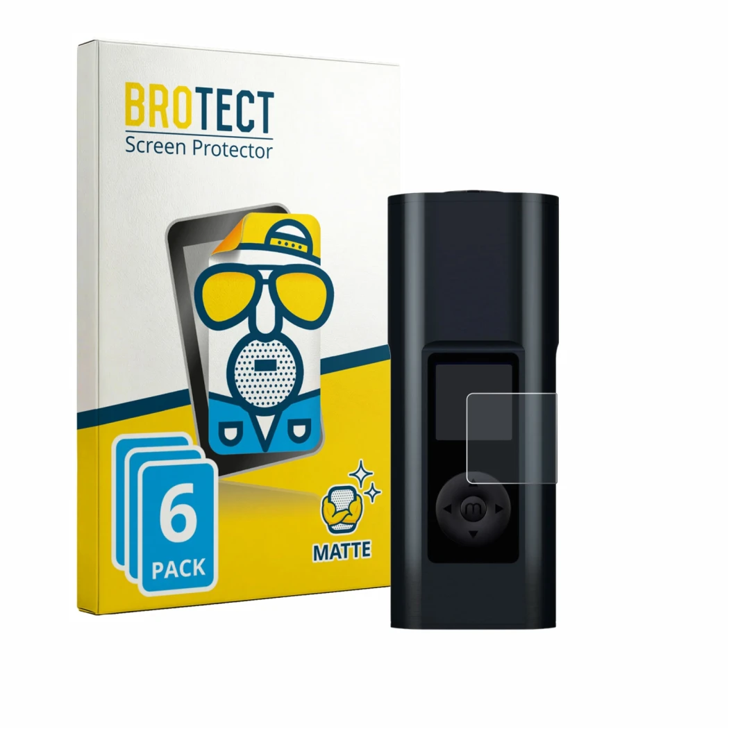 Front side of a product packaging with the brand logo BROTECT. Next to it is the device Arizer Solo 3 V2 shown with the corres