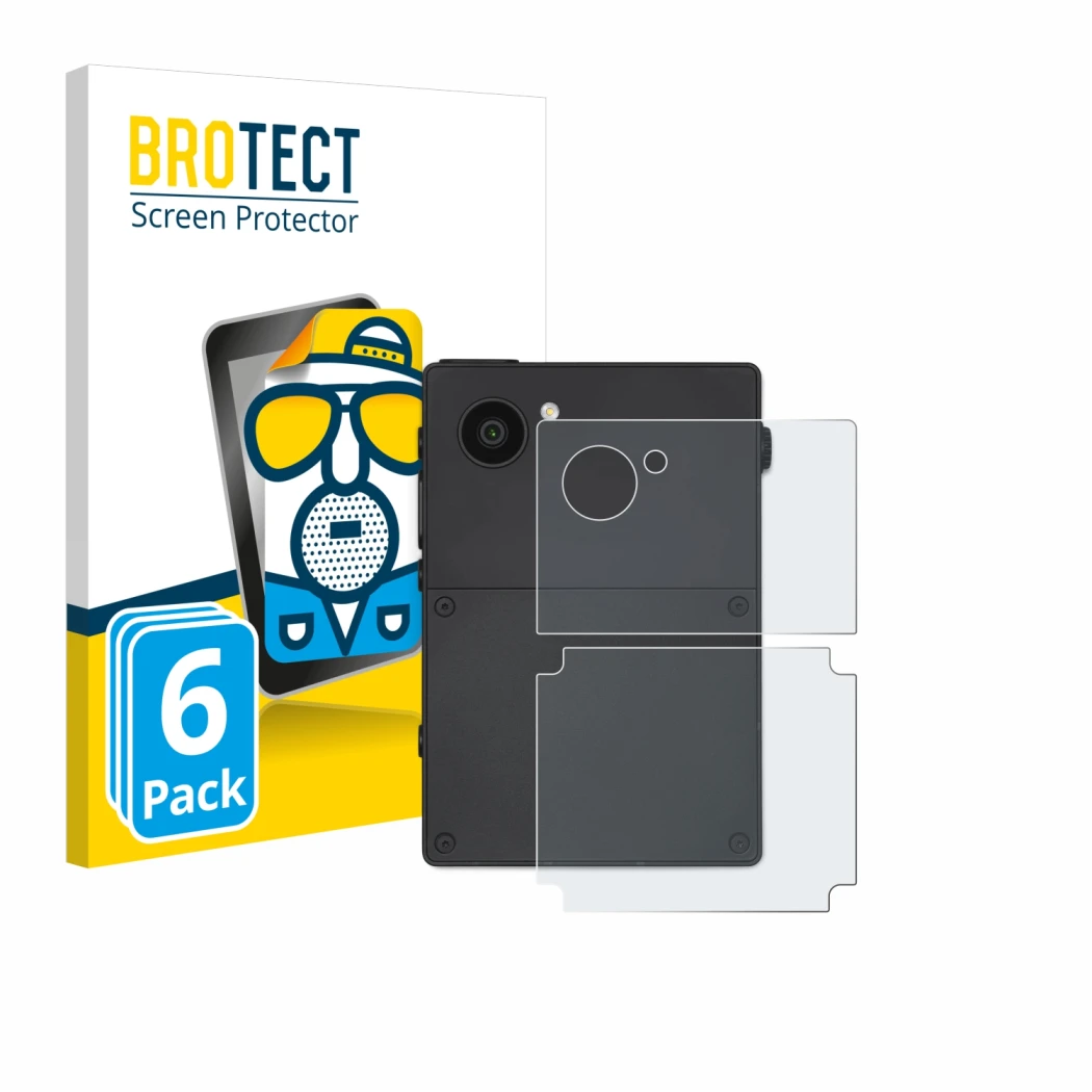 Front side of a product packaging with the brand logo BROTECT. Next to it is the device Light Phone 3 (Back) shown with the co