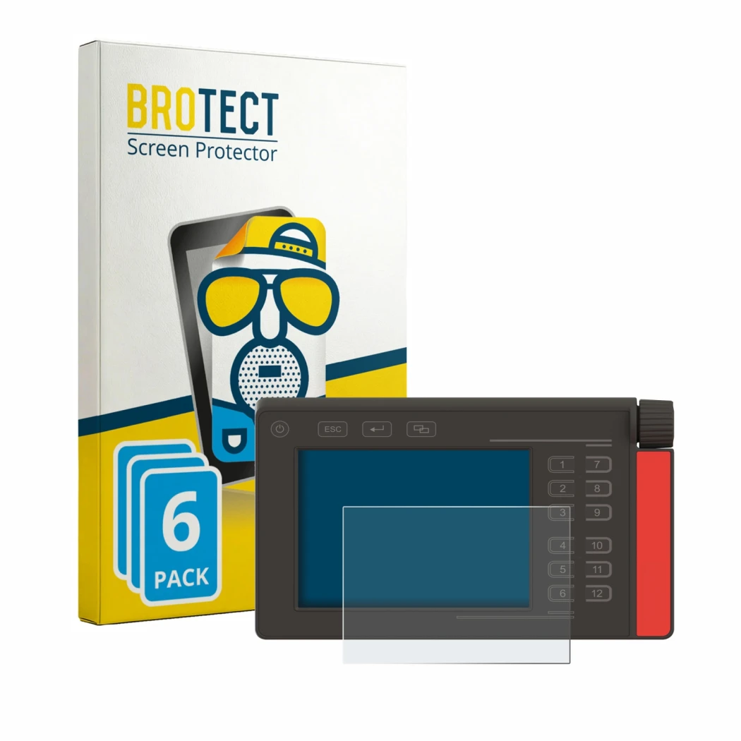 Front side of a product packaging with the brand logo BROTECT. Next to it is the device Müller Elektronik SMART570 shown with