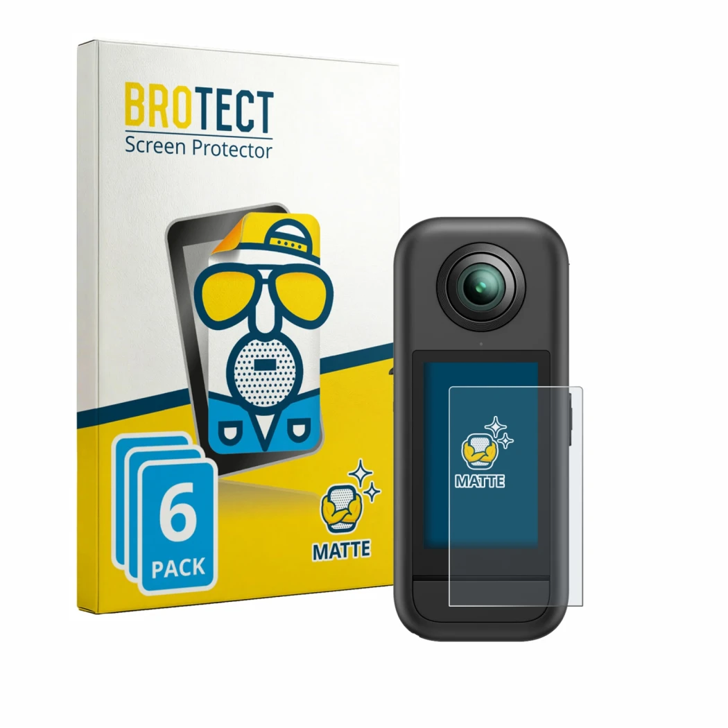 Front side of a product packaging with the brand logo BROTECT. Next to it is the device Akaso 360 shown with the corresponding