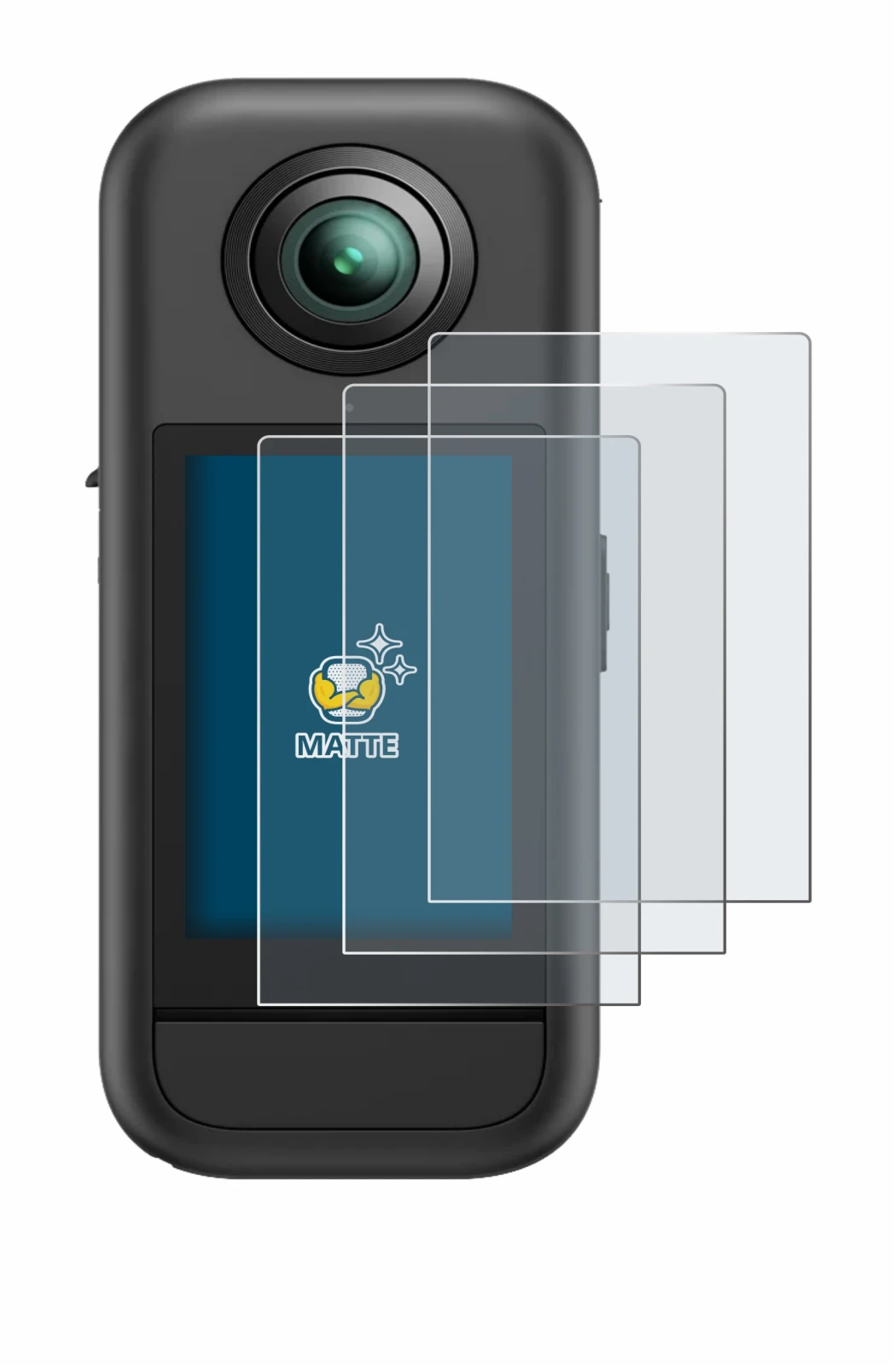 Image of the device Akaso 360 with a wide variety of screen protectors.