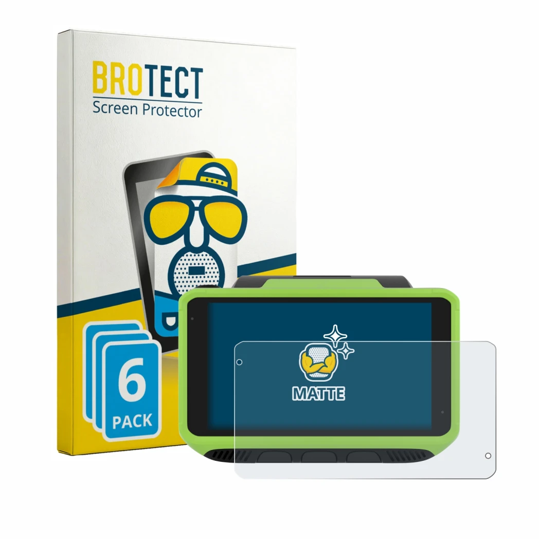 Front side of a product packaging with the brand logo BROTECT. Next to it is the device Zebra WT6400 shown with the correspond