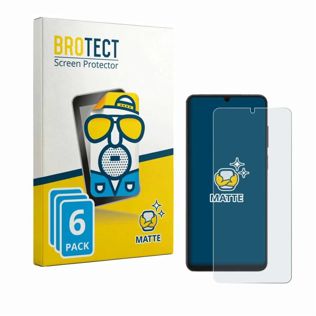 Front side of a product packaging with the brand logo BROTECT. Next to it is the device Honor X6d shown with the corresponding