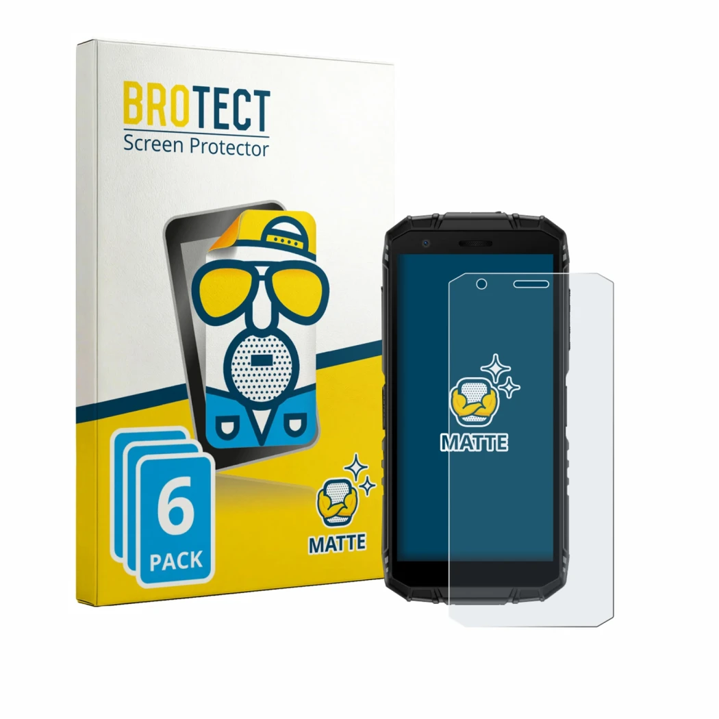 Front side of a product packaging with the brand logo BROTECT. Next to it is the device Doogee Fire 3 shown with the correspon
