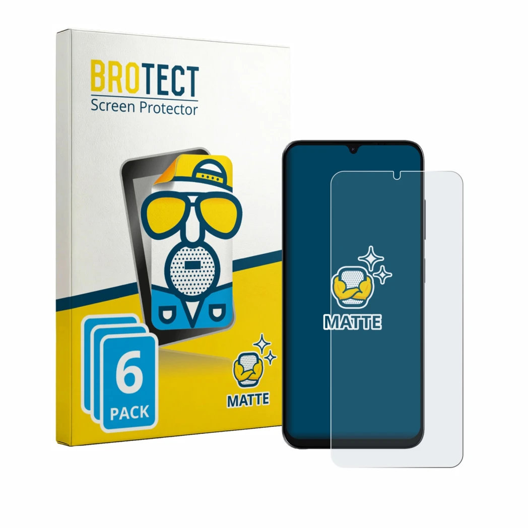 Front side of a product packaging with the brand logo BROTECT. Next to it is the device Lava Bold N2 Lite shown with the corre