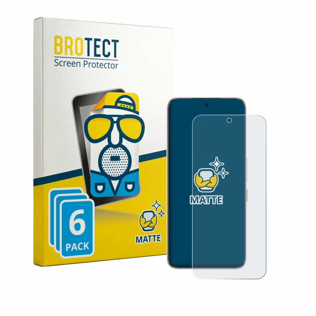 Front side of a product packaging with the brand logo BROTECT. Next to it is the device ZTE Nubia Neo 5 GT shown with the corr