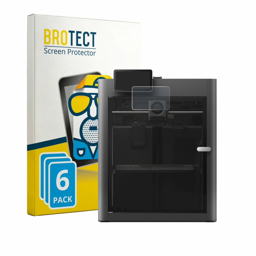 Front side of a product packaging with the brand logo BROTECT. Next to it is the device Bambu Lab X2D shown with the correspon