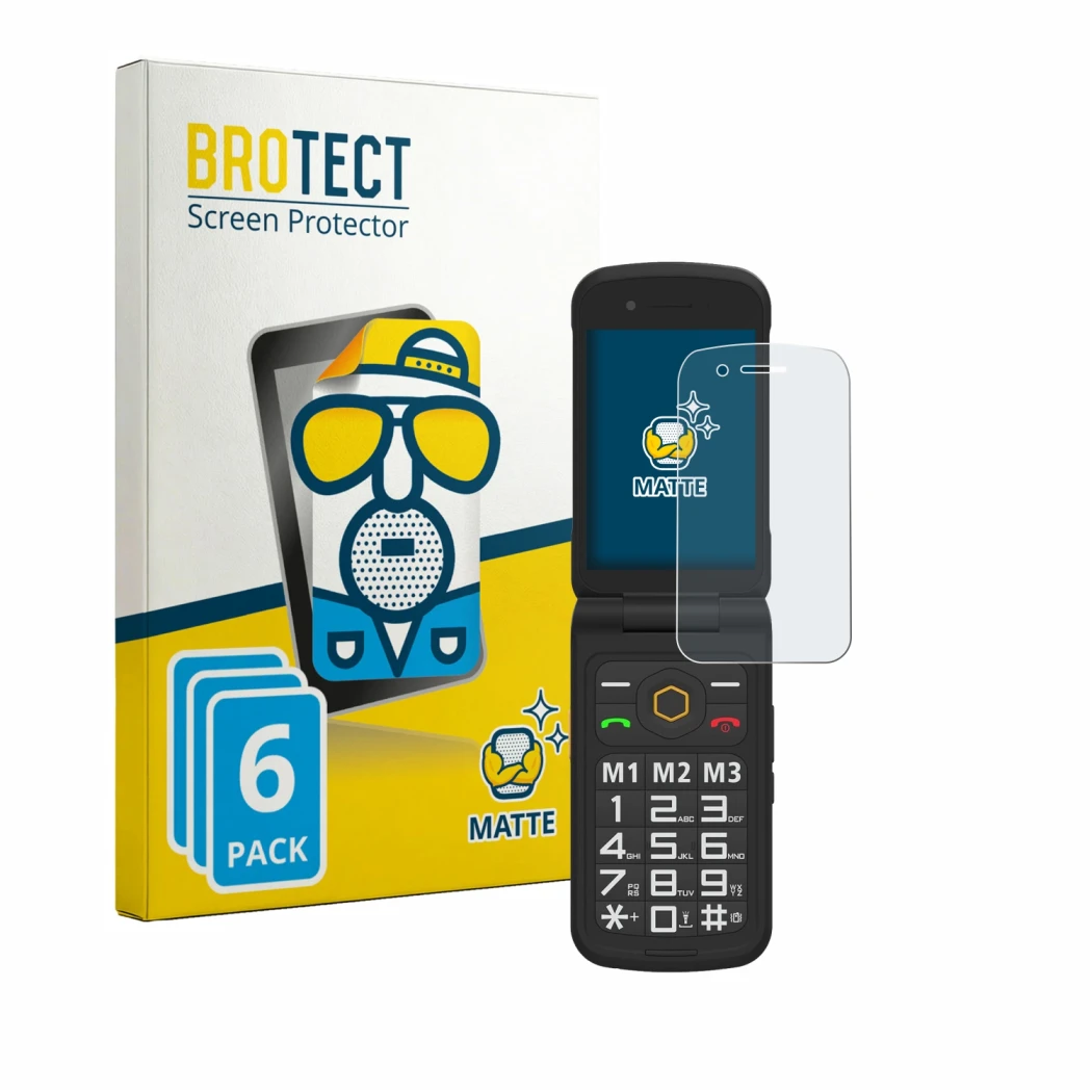 Front side of a product packaging with the brand logo BROTECT. Next to it is the device AGM M8 FLIP shown with the correspondi
