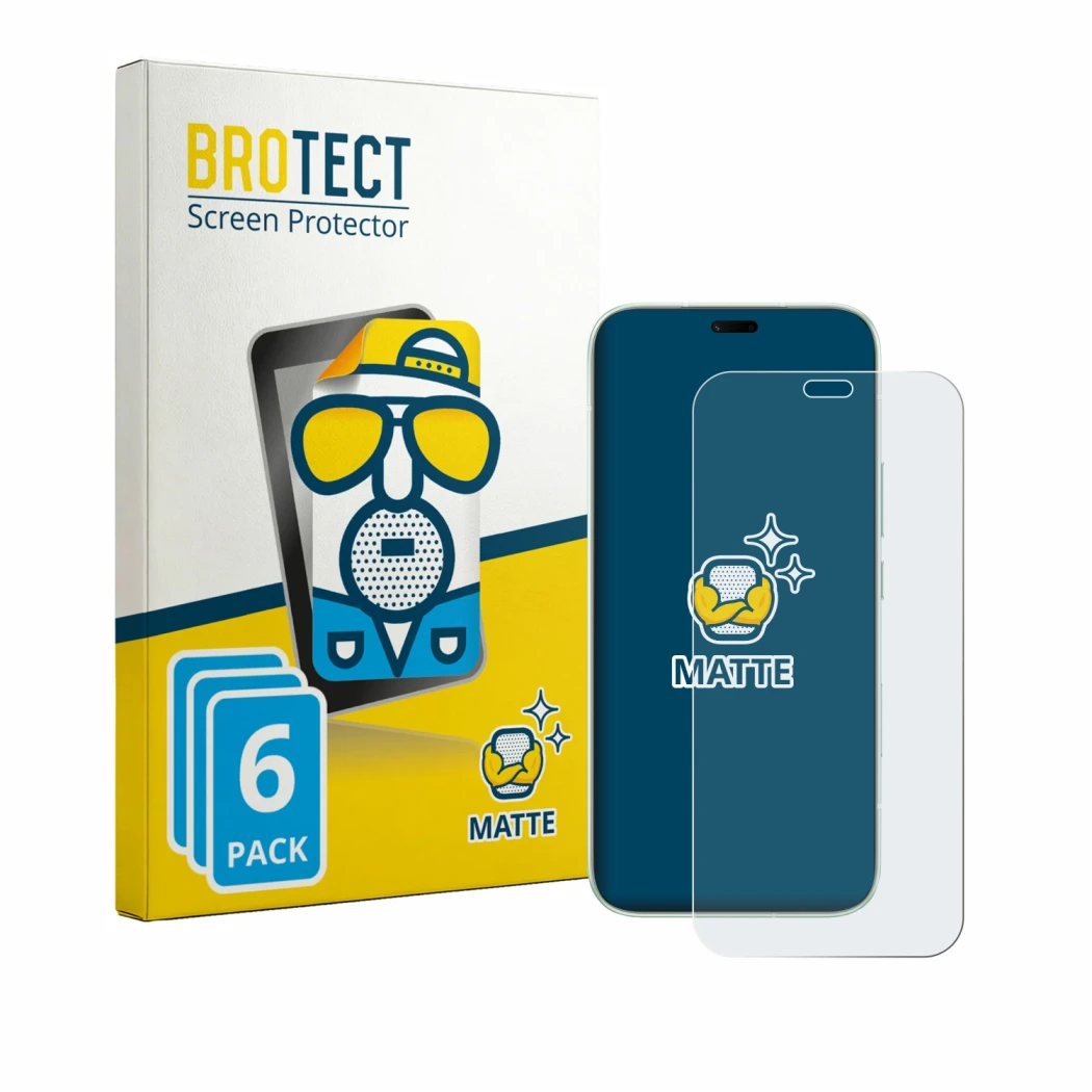 Front side of a product packaging with the brand logo BROTECT. Next to it is the device Honor 600e shown with the correspondin