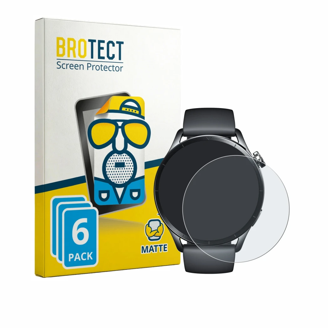 Front side of a product packaging with the brand logo BROTECT. Next to it is the device Xiaomi Watch S5 shown with the corresp