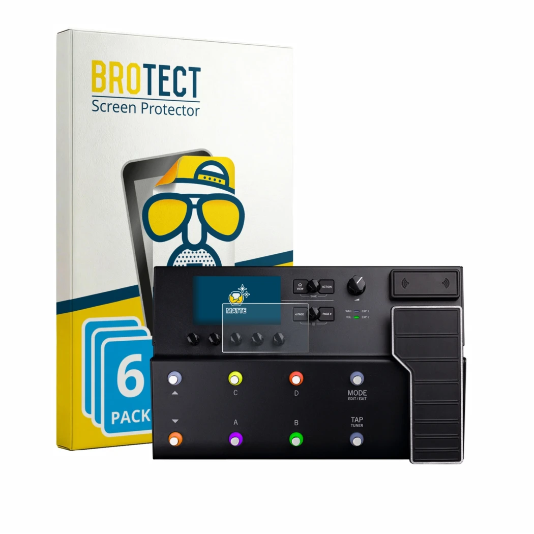 Front side of a product packaging with the brand logo BROTECT. Next to it is the device Line 6 POD Go Wireless shown with the
