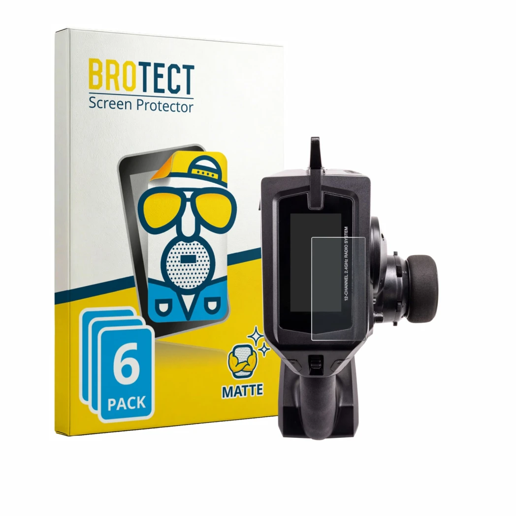 Front side of a product packaging with the brand logo BROTECT. Next to it is the device Spektrum DX Pro Plus shown with the co