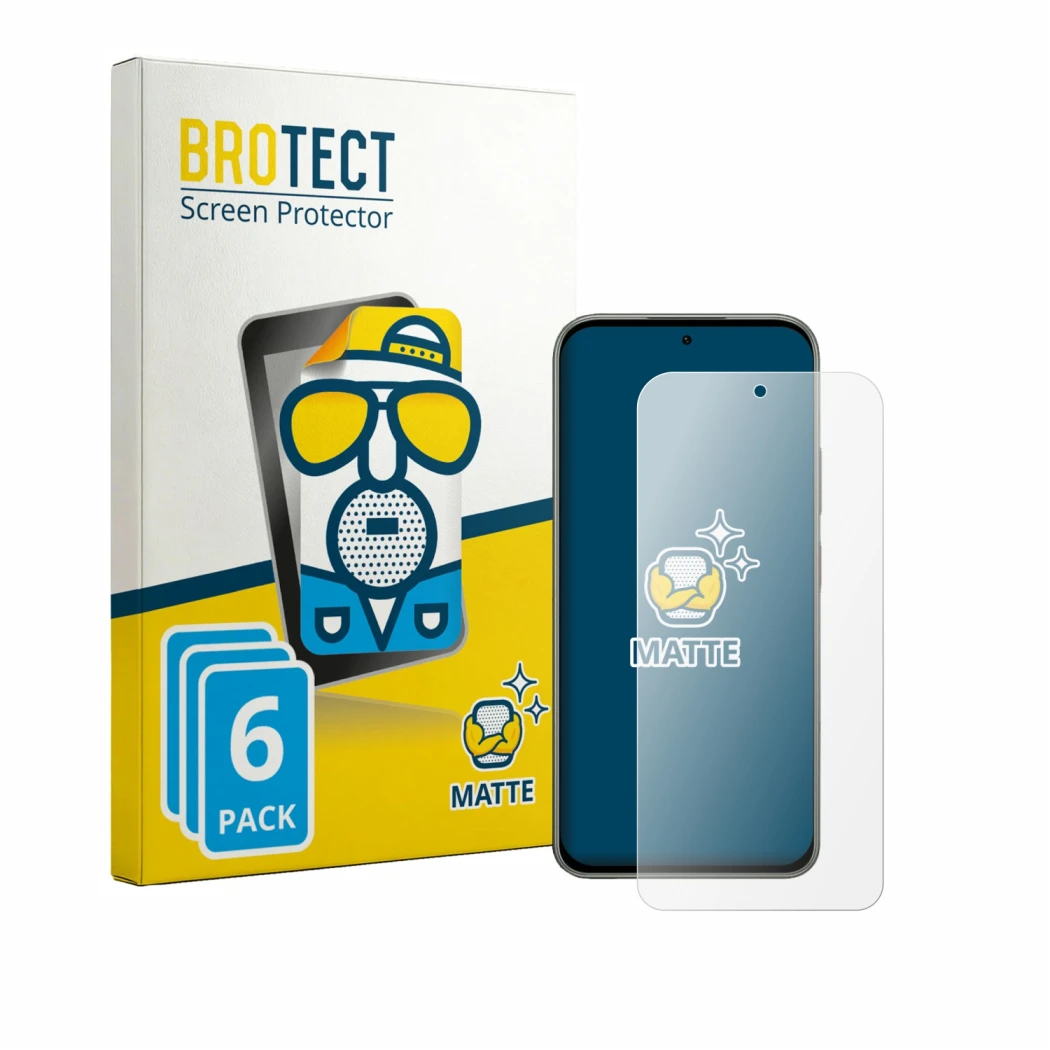 Front side of a product packaging with the brand logo BROTECT. Next to it is the device Tecno Pova 8 shown with the correspond