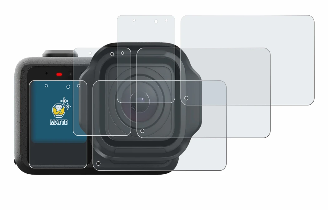 Image of the device GoPro Mission 1 Pro with a wide variety of screen protectors.