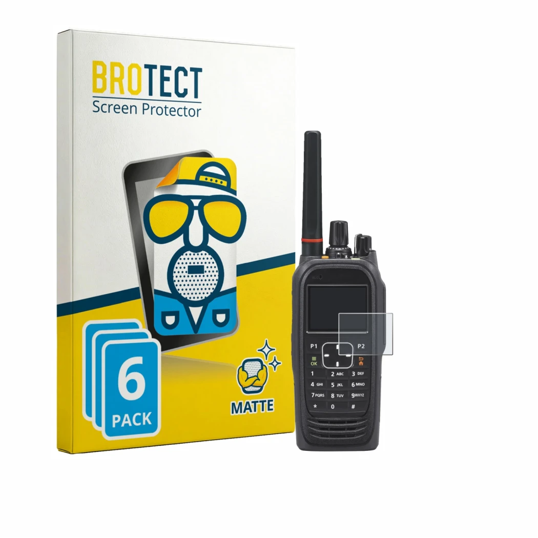 Front side of a product packaging with the brand logo BROTECT. Next to it is the device Icom IC-F4400DT shown with the corresp