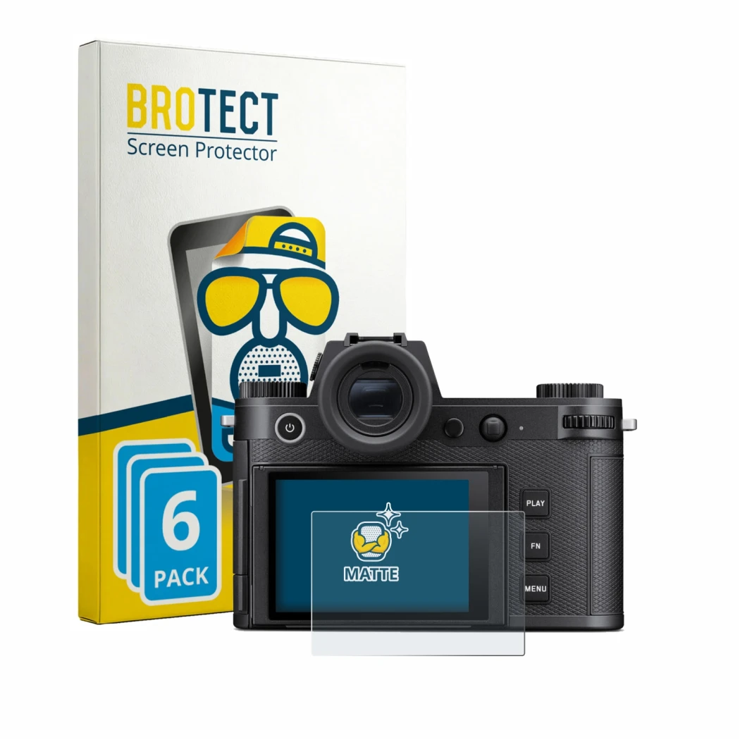 Front side of a product packaging with the brand logo BROTECT. Next to it is the device Leica SL3-P shown with the correspondi