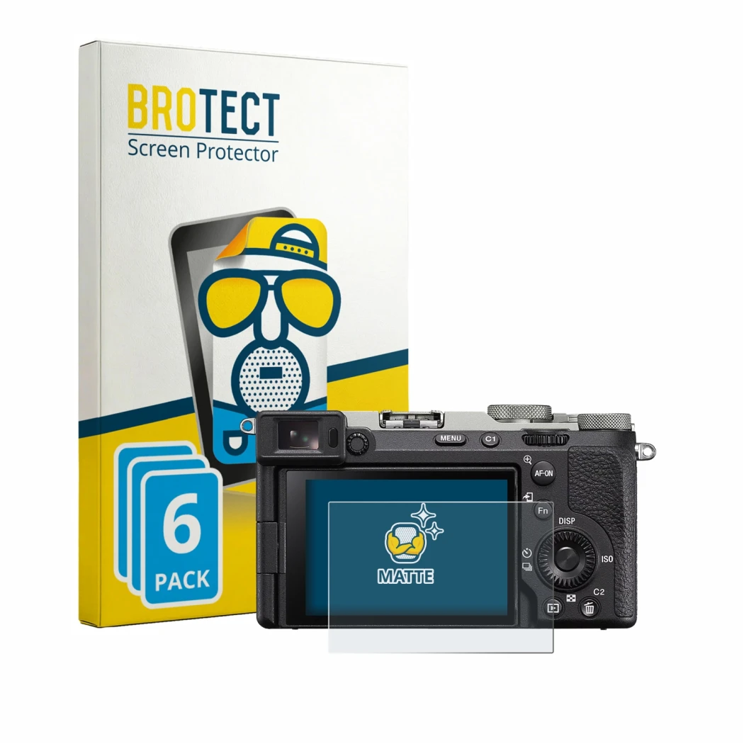 Front side of a product packaging with the brand logo BROTECT. Next to it is the device Sony A7C II shown with the correspondi