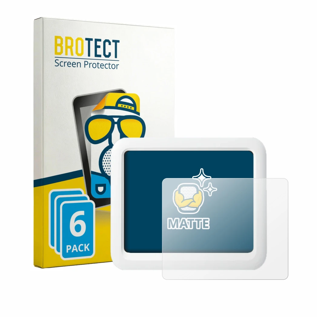 Front side of a product packaging with the brand logo BROTECT. Next to it is the device SwitchBot Meter Pro shown with the cor